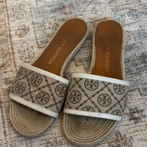 Tory Burch Beige and Brown Logo Slide Sandals